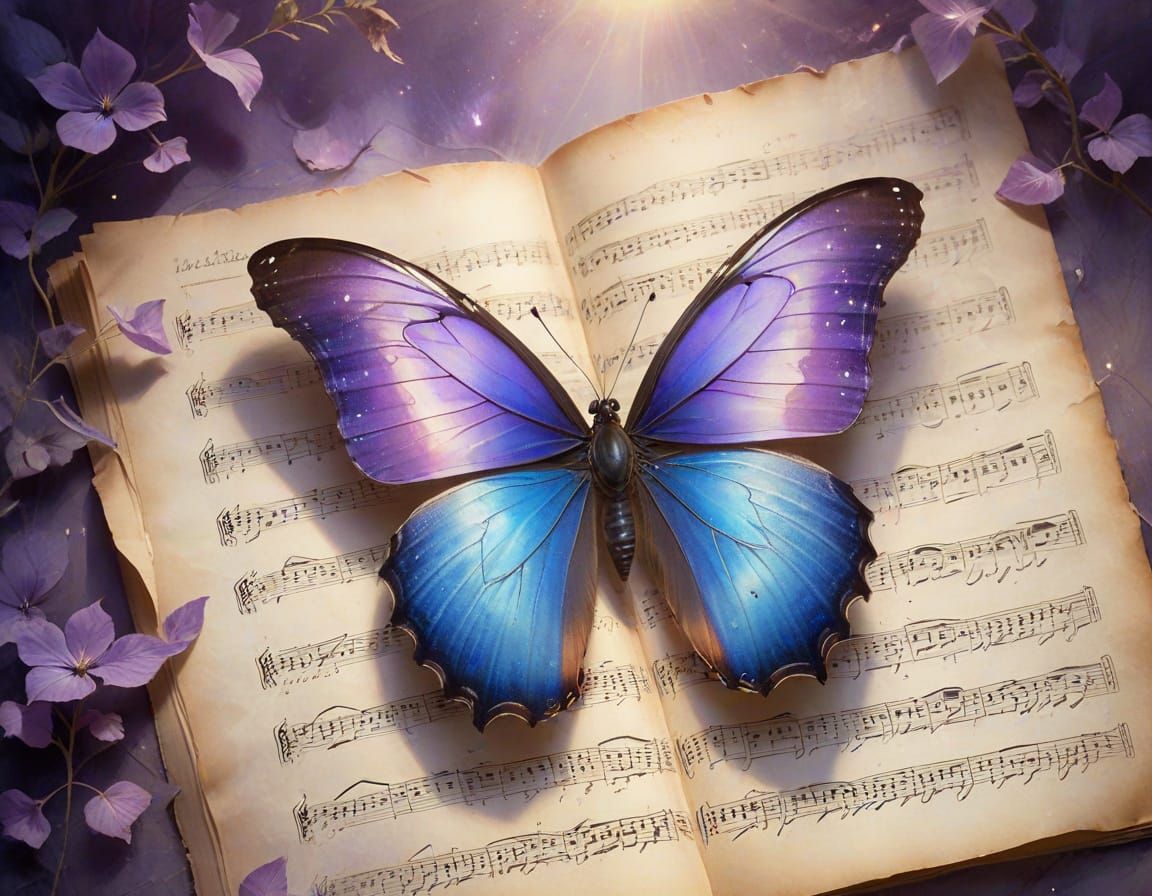 Faded Musical Sheet with Butterfly in Ethereal Light