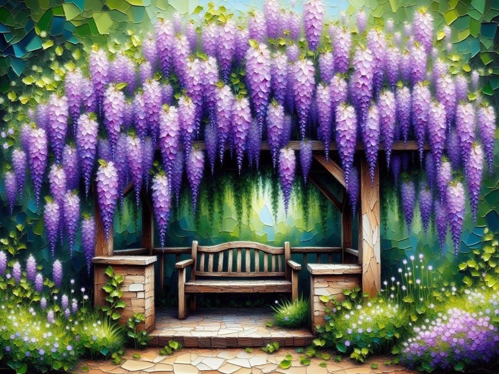 Vibrant Wisteria Vine Climbs Rustic Wooden Gazebo in Impasto...