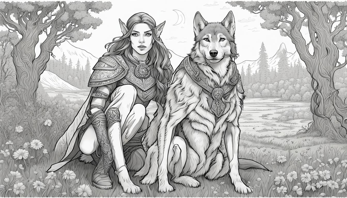 Detailed Elven Ranger and Wolf Coloring Page