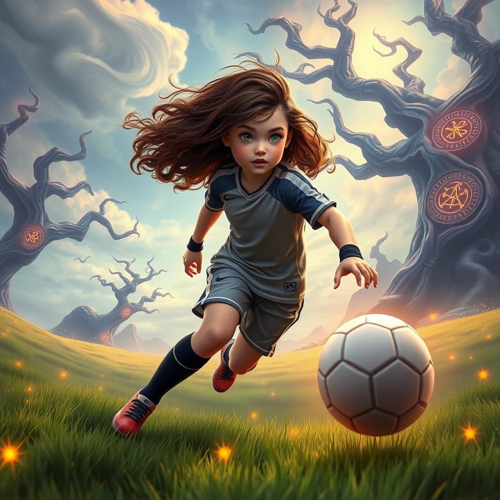 Girl in Futuristic Football Gear Plays on Dreamlike Pitch