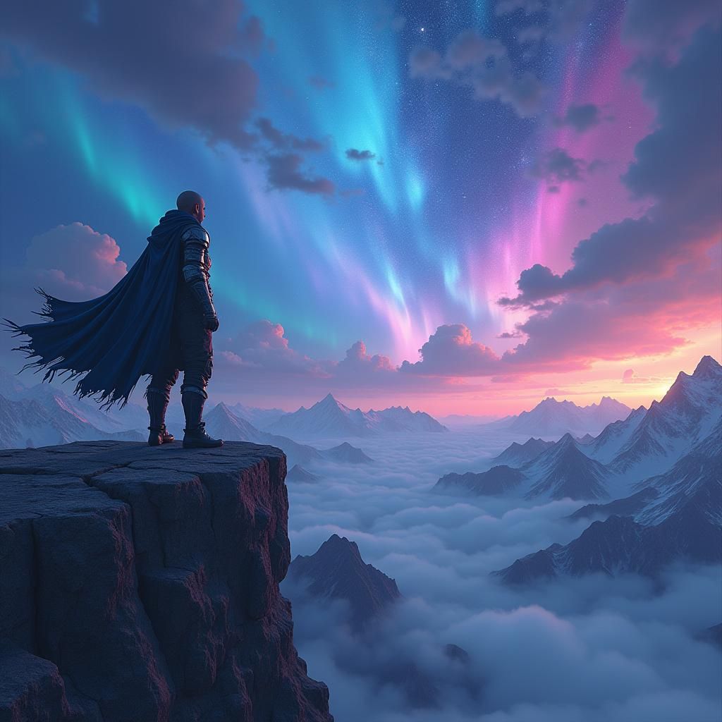 Mystical Warrior Gazing at Psychedelic Dreamscape