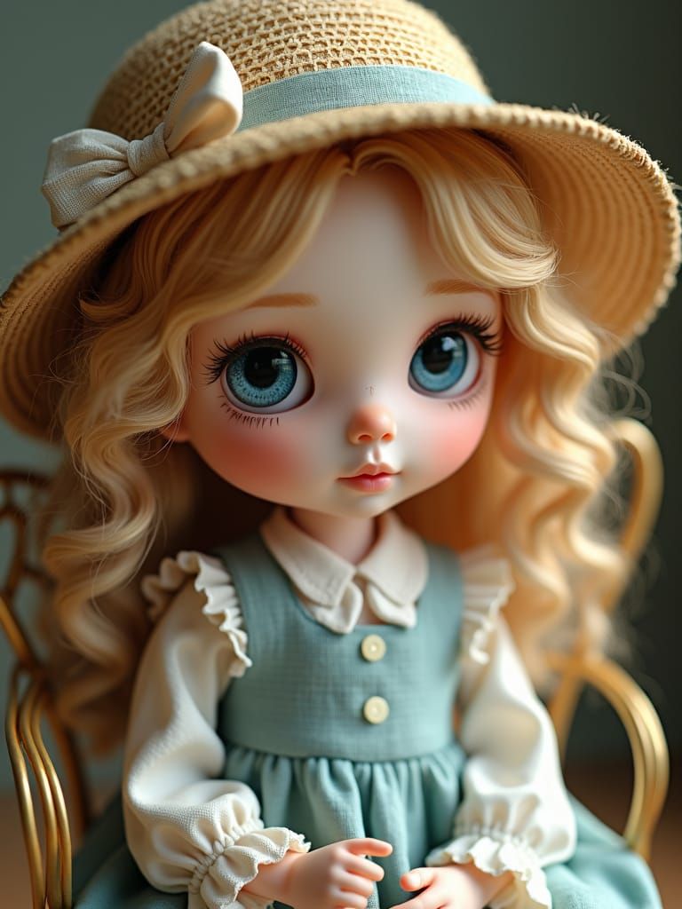 Hyperrealistic Porcelain Doll with Straw Hat