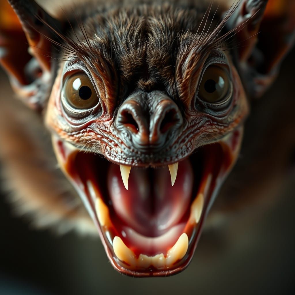 Aggressive Bat Portrait with Fierce Eyes and Open Jaws