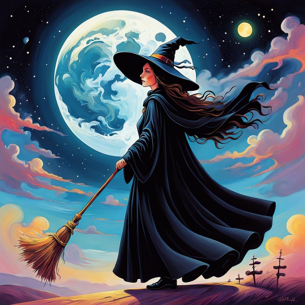 Whimsical Witch Soars Under Full Moon