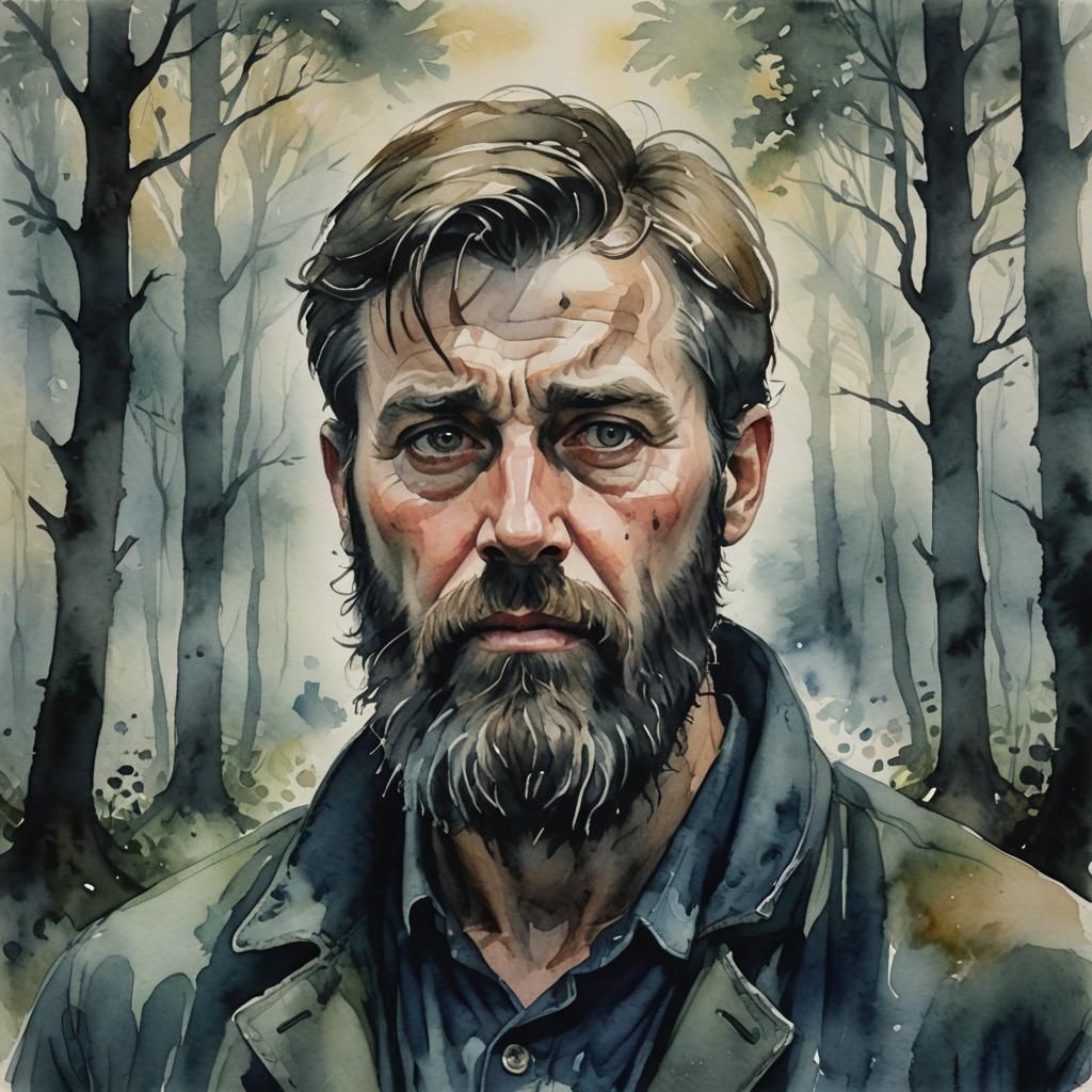 Worried Man in Misty Forest Watercolor