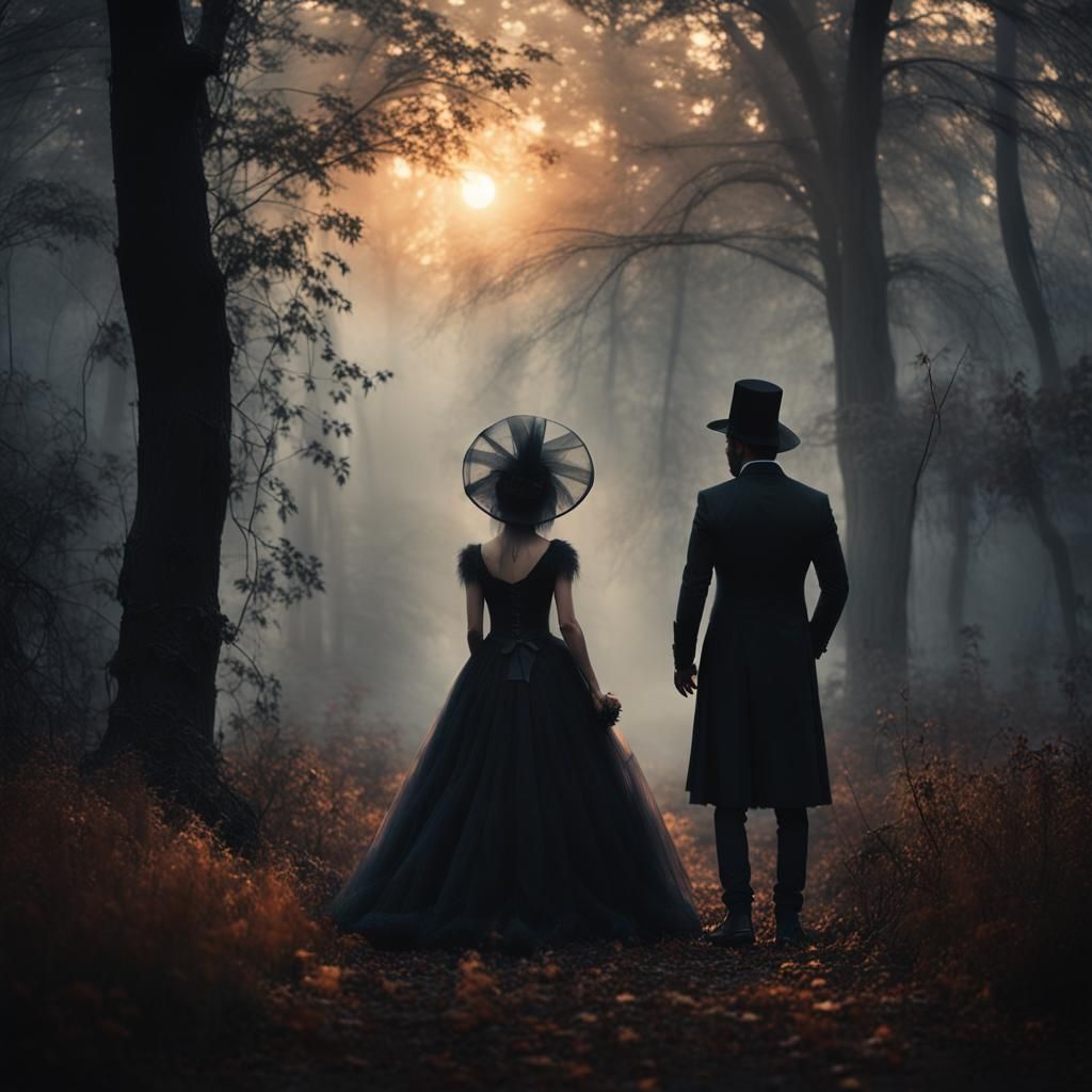 Gothic Couple in Twilight Forest: Hyperrealistic Image