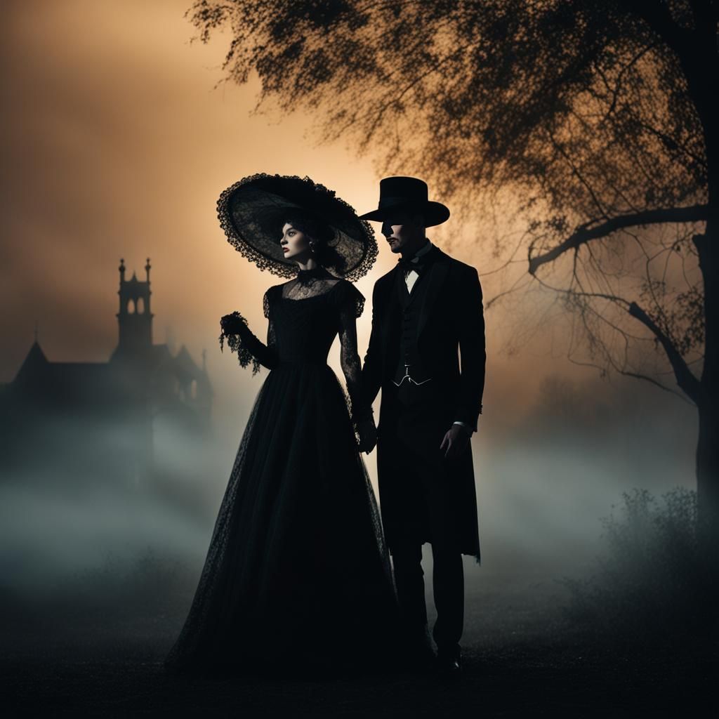 Gothic Bride and Groom in Twilight, Dark Romanticism