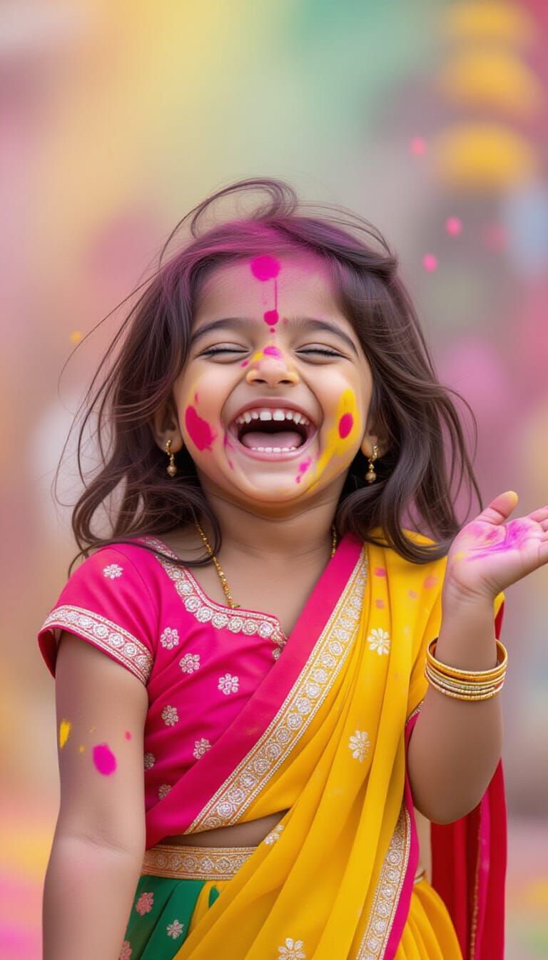 Joyful Indian Girl in Holi Colors, Photorealistic