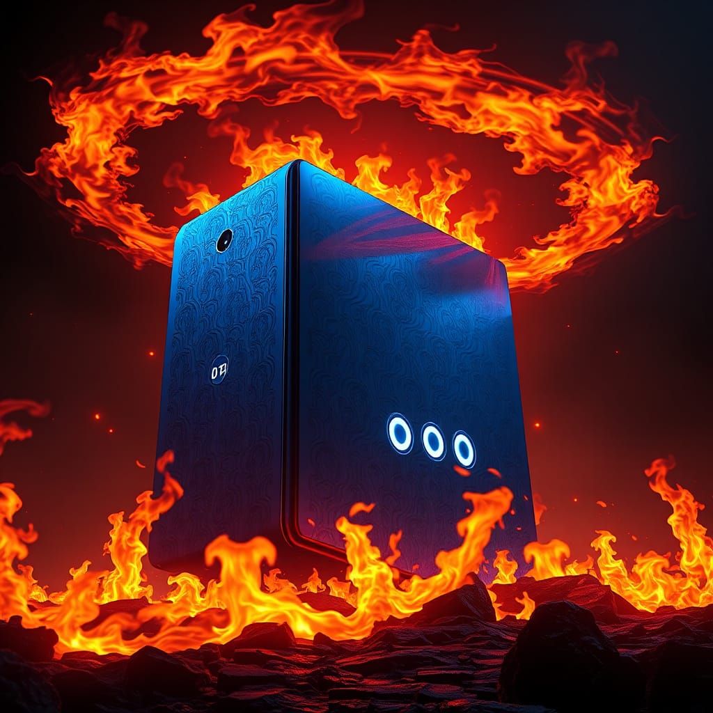Colossal Blue Computer Ablaze: Fantasy Concept Art