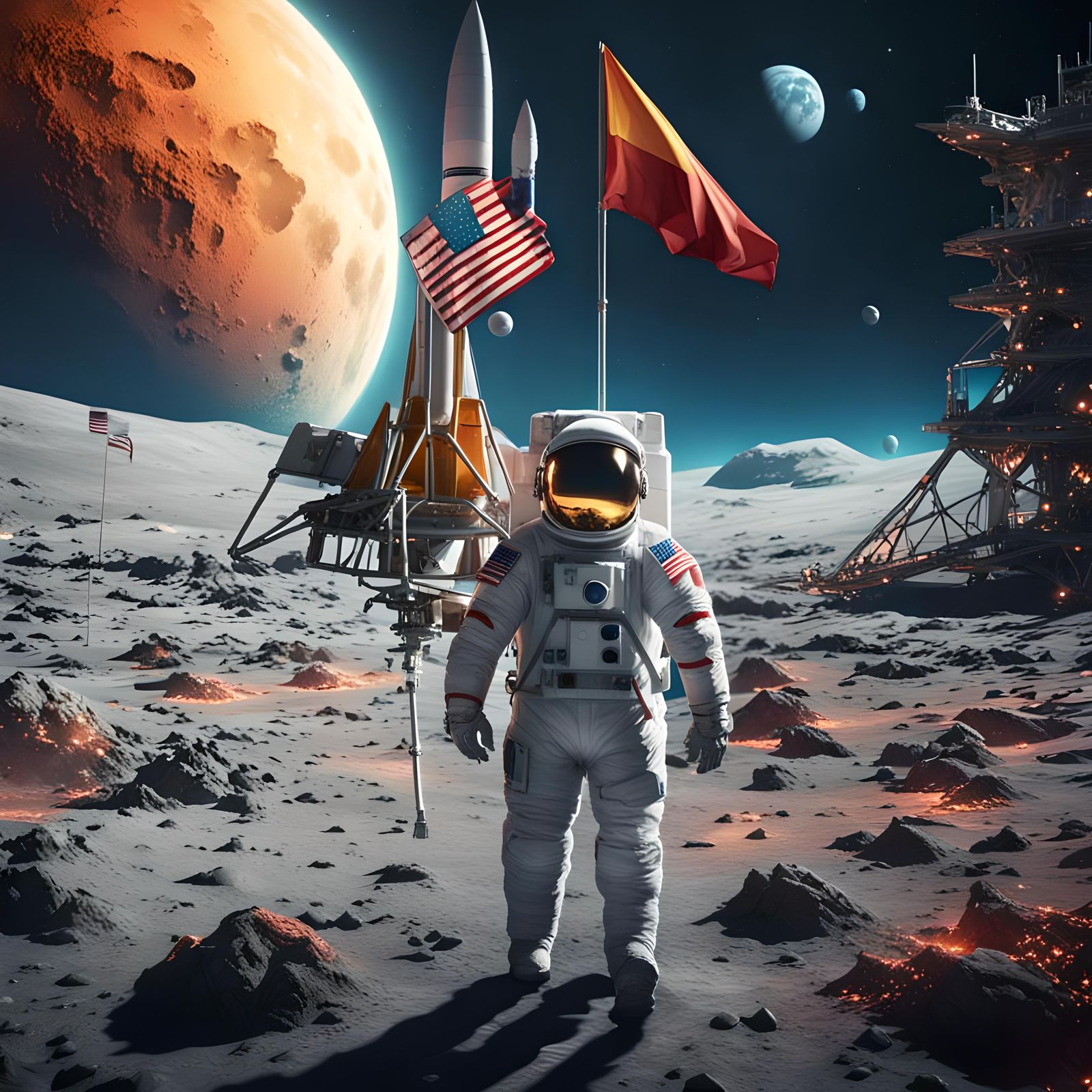 Astronaut Lands on Moon in Colorful Rocket