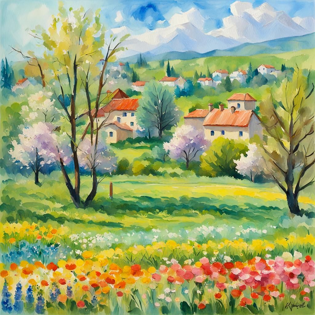 Spring Village Landscape in Gouache Watercolor Style