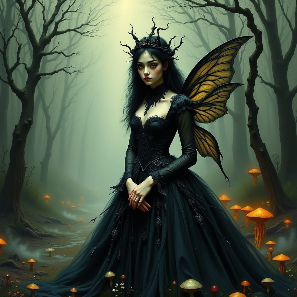 Dark Fairy Queen in Victorian Attire, Haunting Forest Landsc...