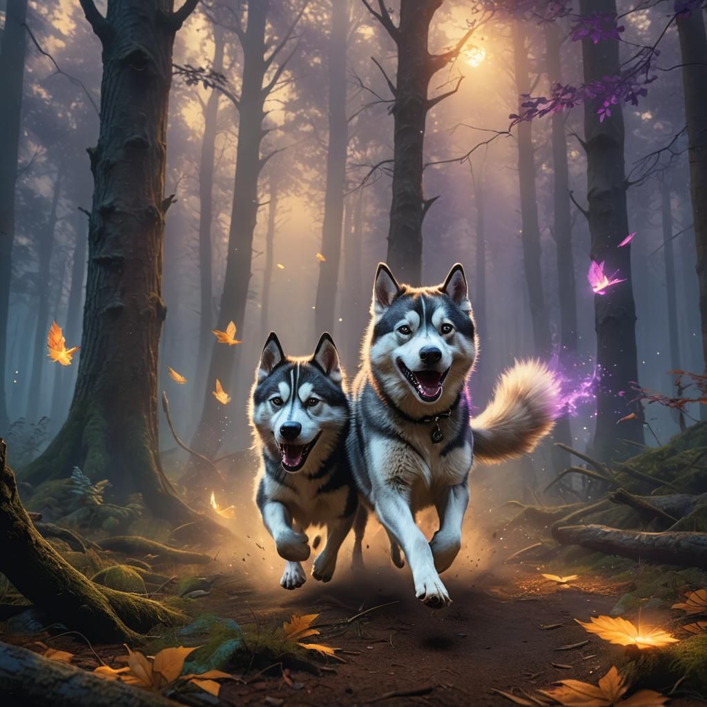 Siberian Husky Chase in Mystical Forest Concept Art