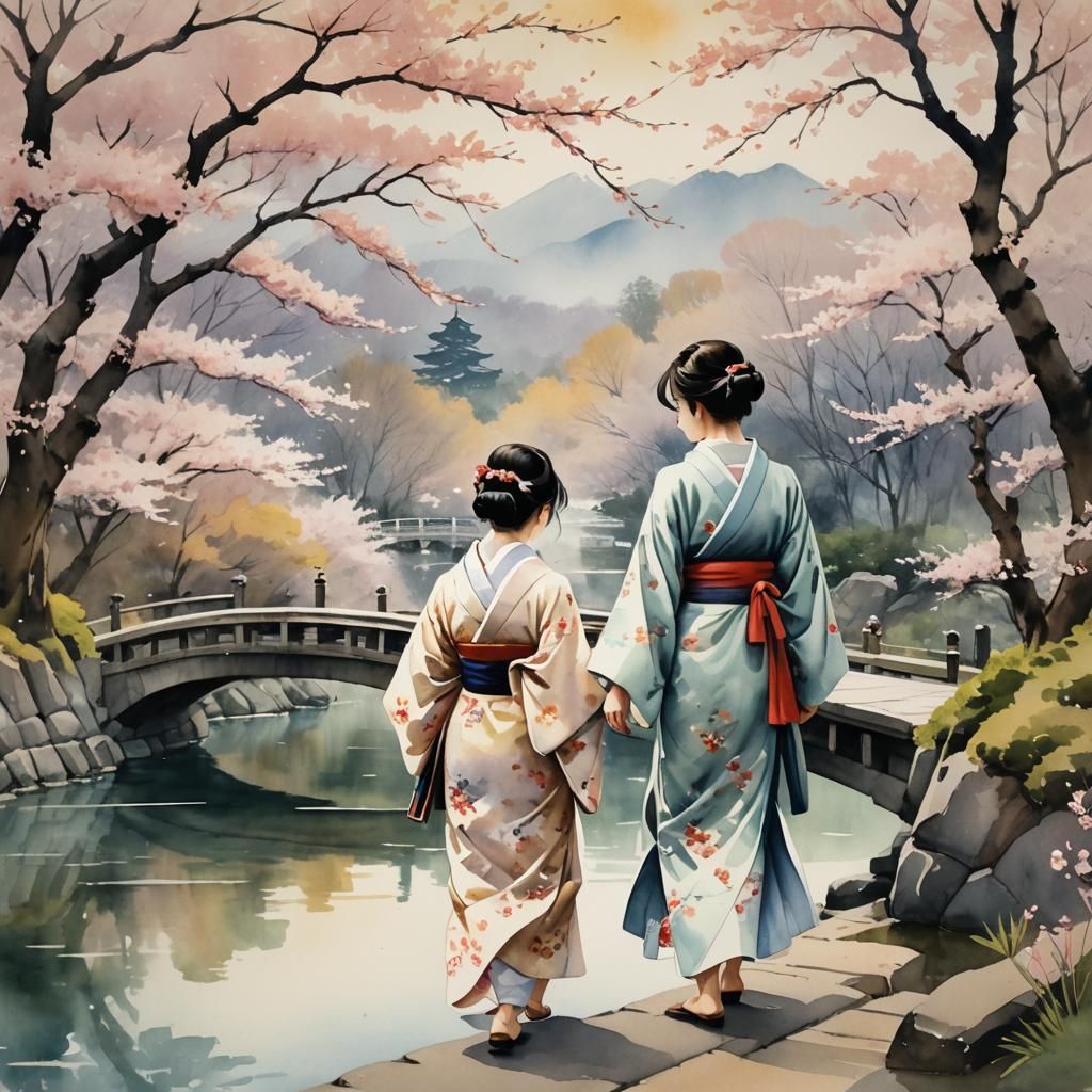 Kimono Woman Walking Among Cherry Blossoms