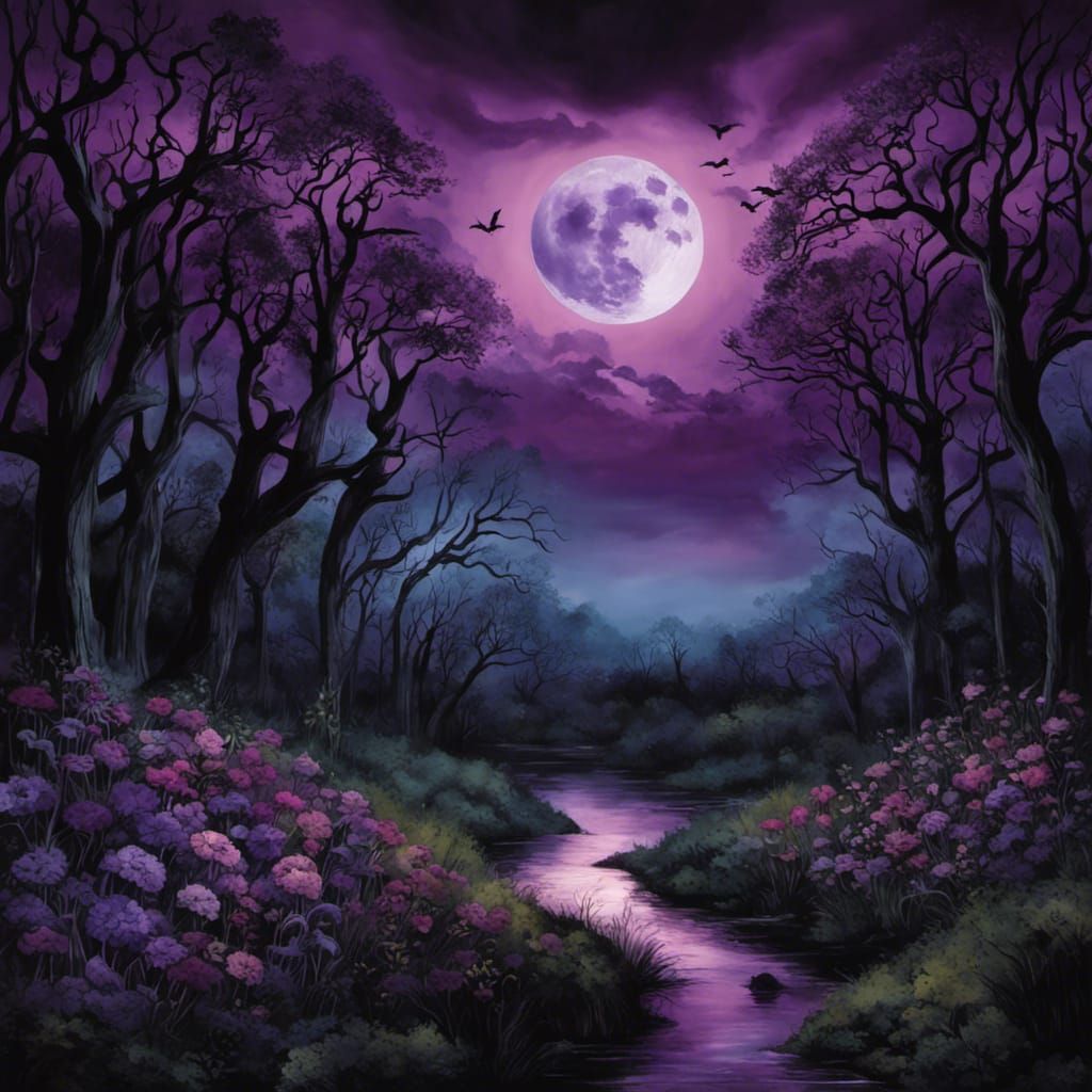 High Gothic Forest with Purple Flowers in Watercolor Style