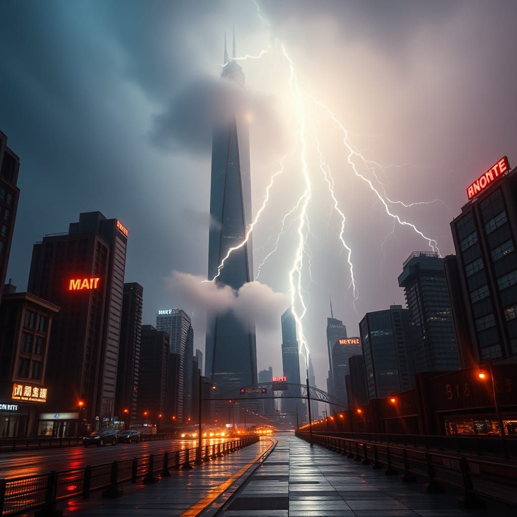 Lightning Strikes Futuristic Skyscraper: Cyberpunk Photograp...
