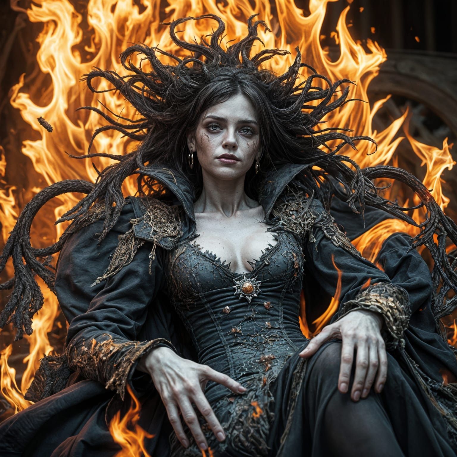 Hyperrealistic Witch Queen Tormented by Flames