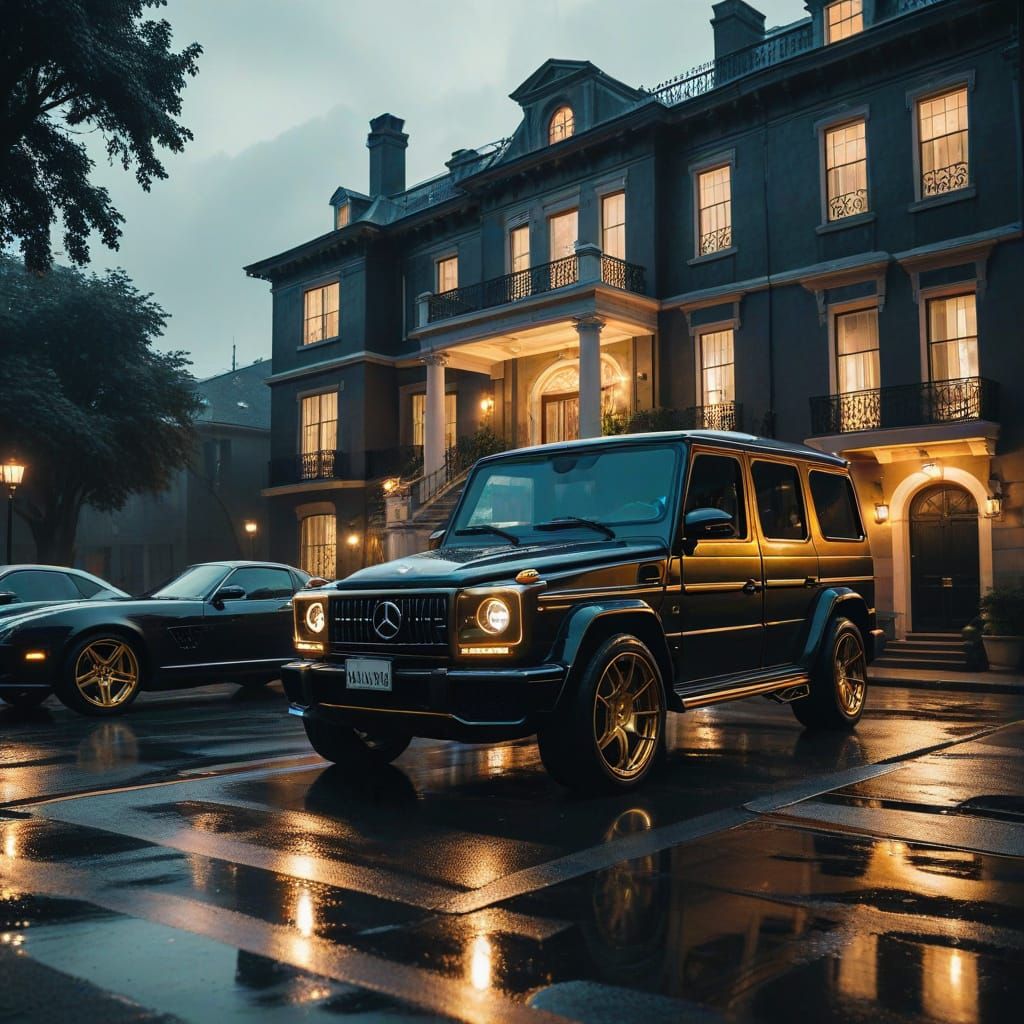 Hip Hop Splash Art: Rappers and Luxury Car at Mansion