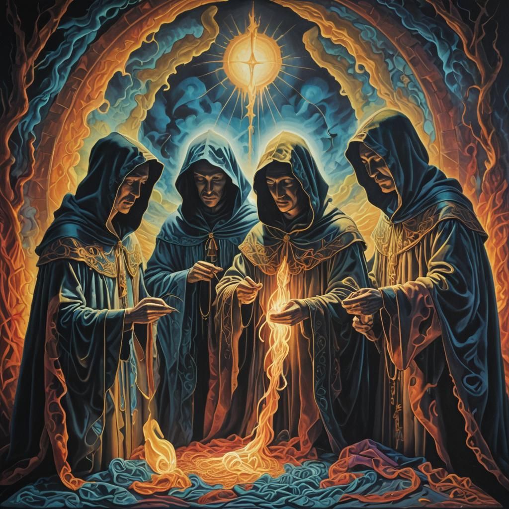 Mystical Tapestry Woven by Hooded Figures: Surreal Oil Paint...