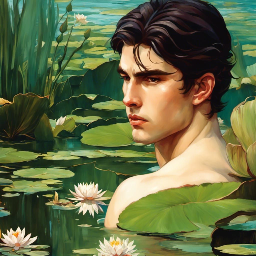 Man Bathing in Lake with Water Lilies, Pre-Raphaelite Oil Pa...