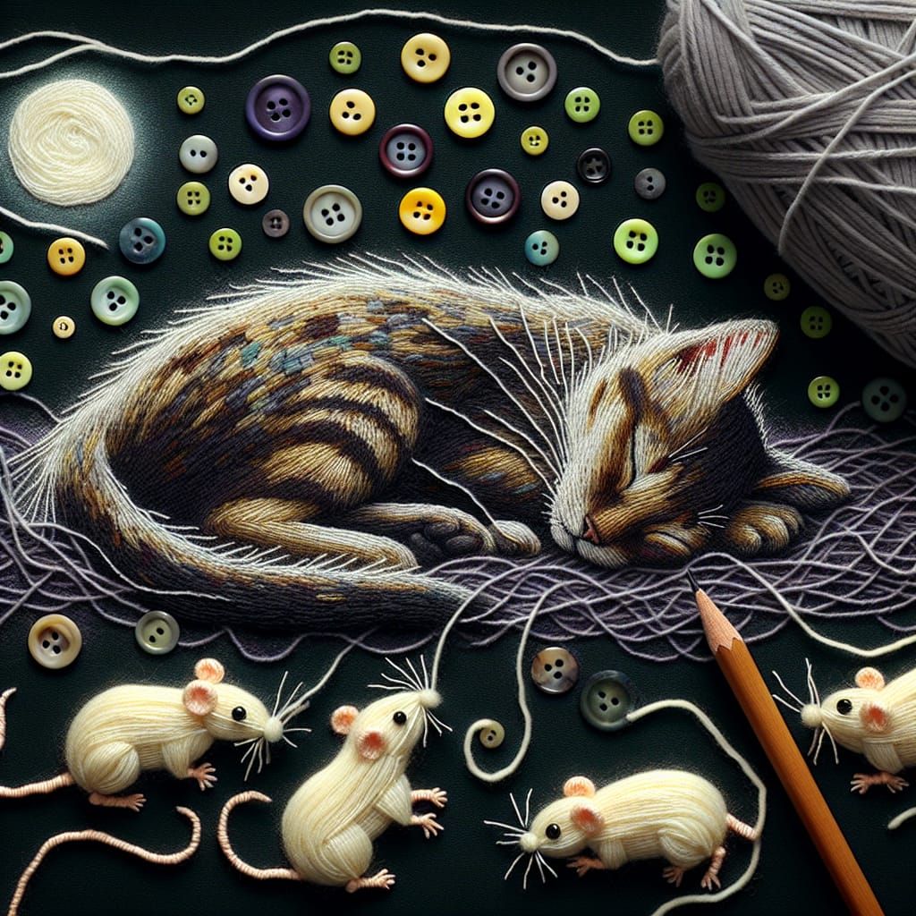 Mice Embroidering a Sleeping Cat with Yarn