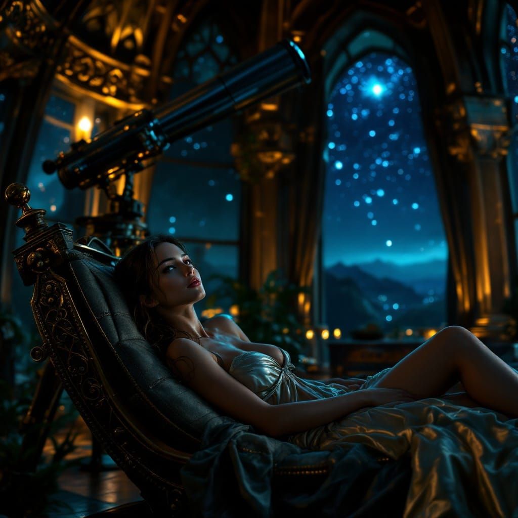 Regal Lara Croft Contemplates in Gothic Observatory