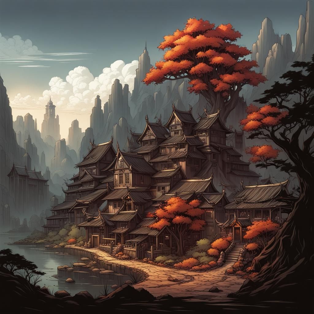 Asian-Gothic Fantasy Village in Comic Book Style
