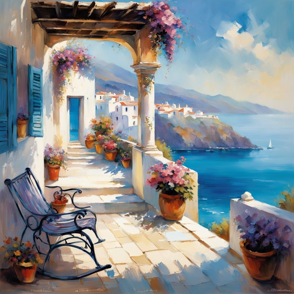 Greek Seaside House Impasto Painting