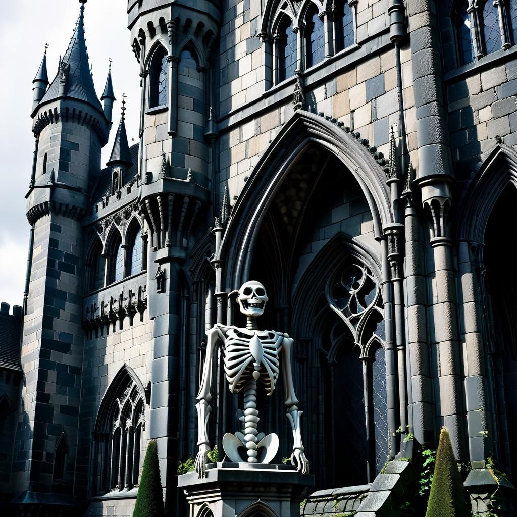 Grinning Skeleton at Gothic Castle: Gothic Art