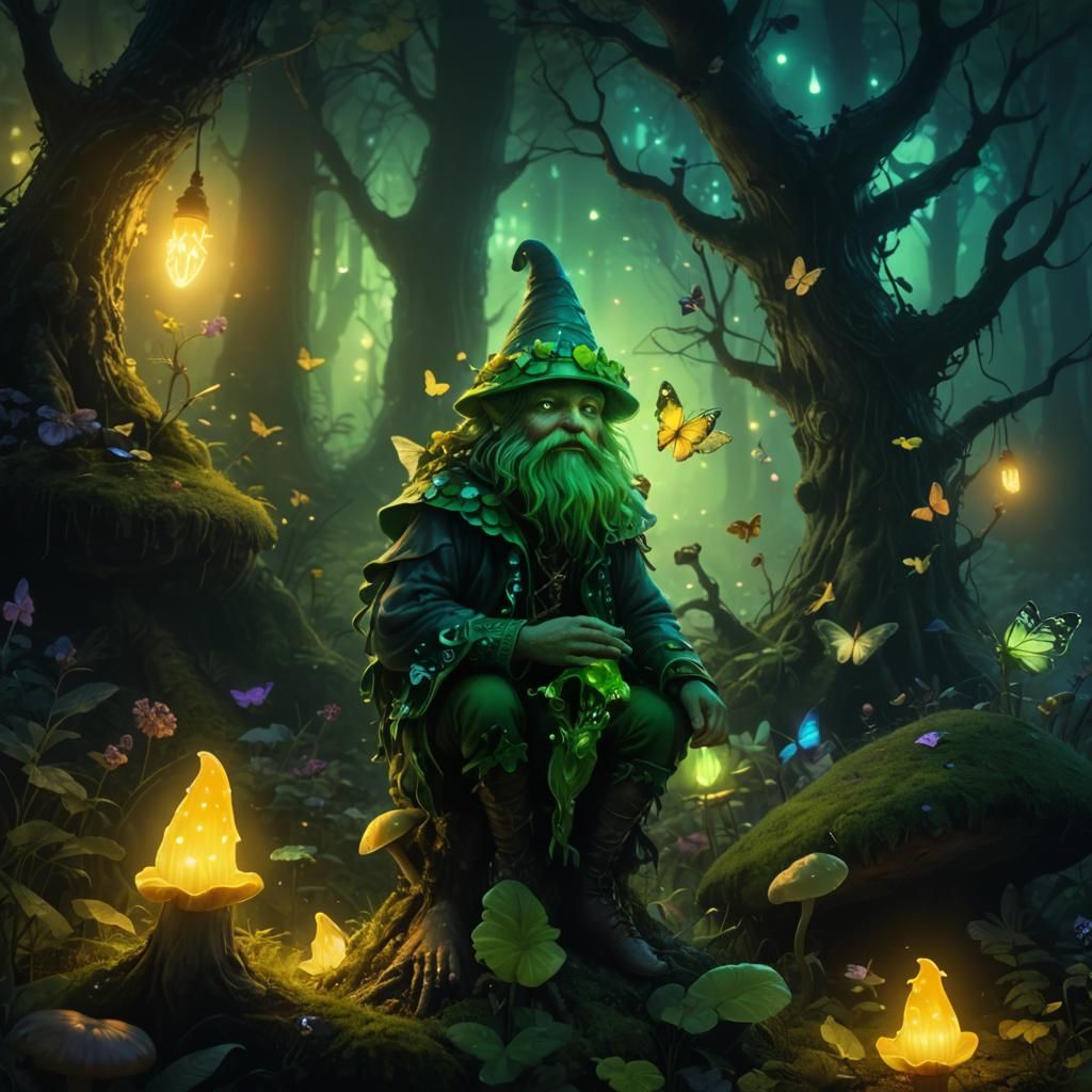 Neon Green Fairy with Butterflies in Foggy Forest