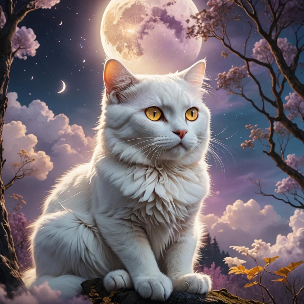 White Cat on Cloud Over Forest: Fantasy Art