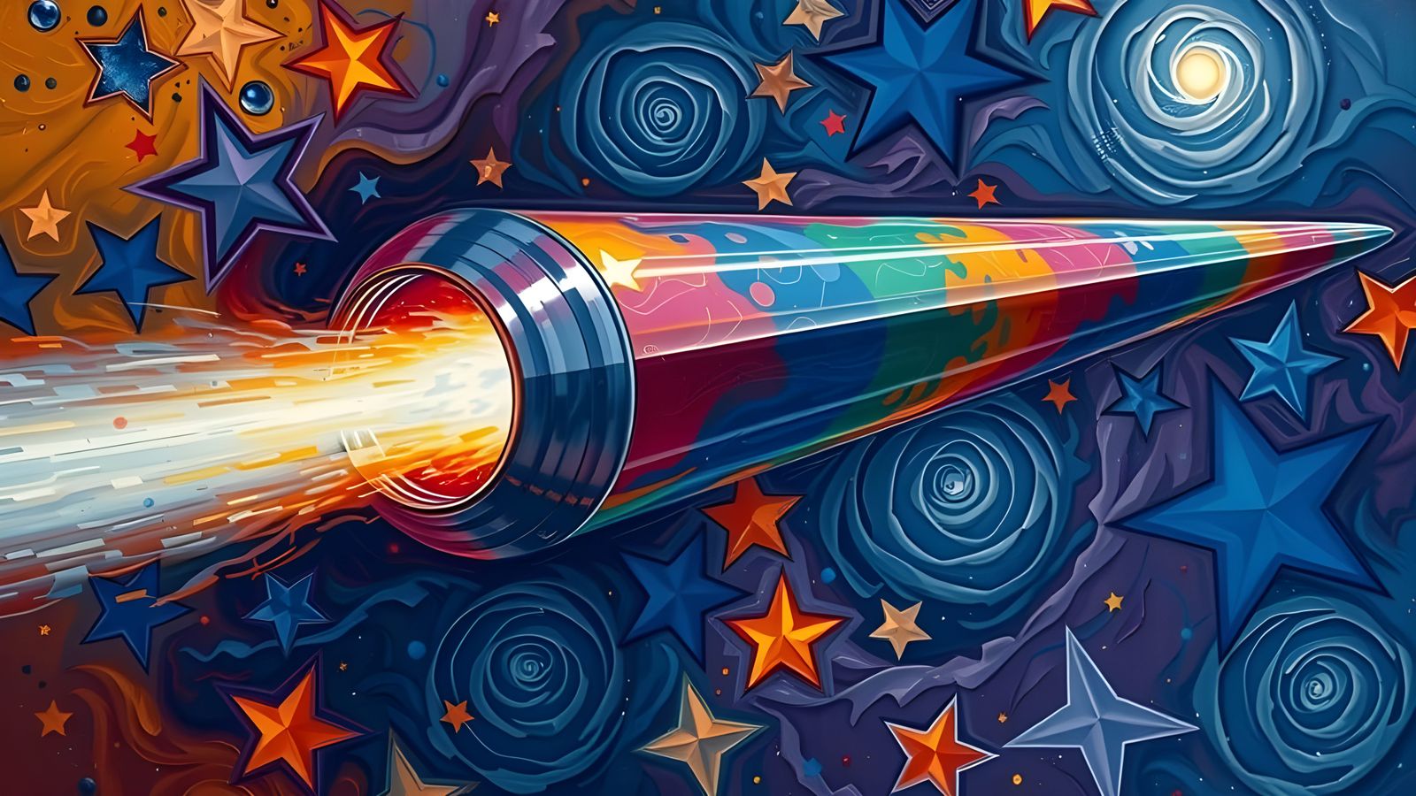 Iridescent Cylinder Soaring Through Starry Cosmos