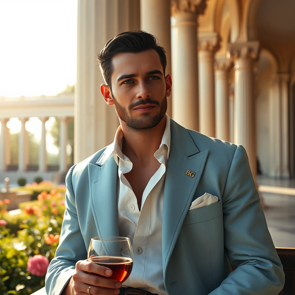 Kingly Sheperd in Regal Attire with Greek Columns Background