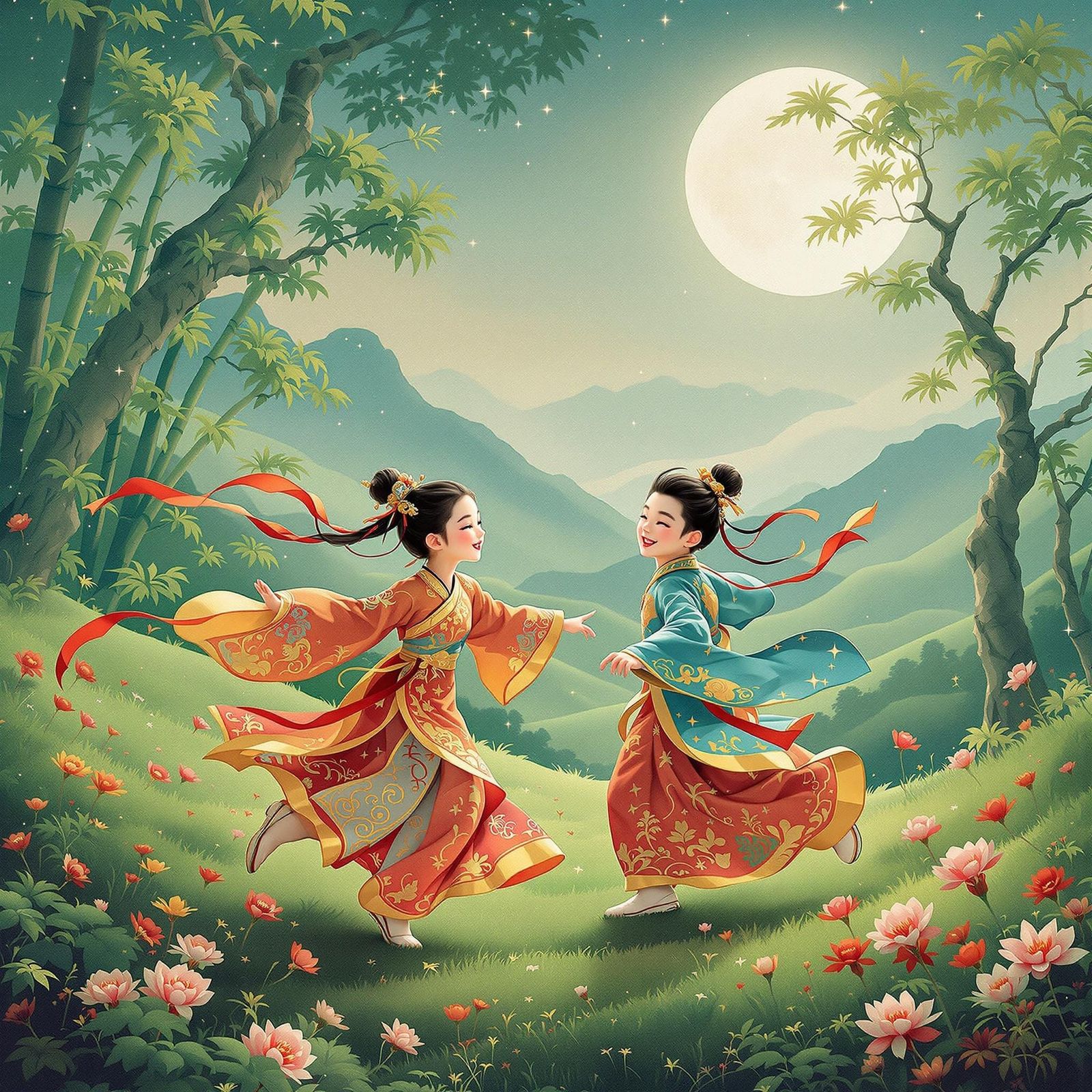 Joyful Hanfu Children Dance Under Full Moon