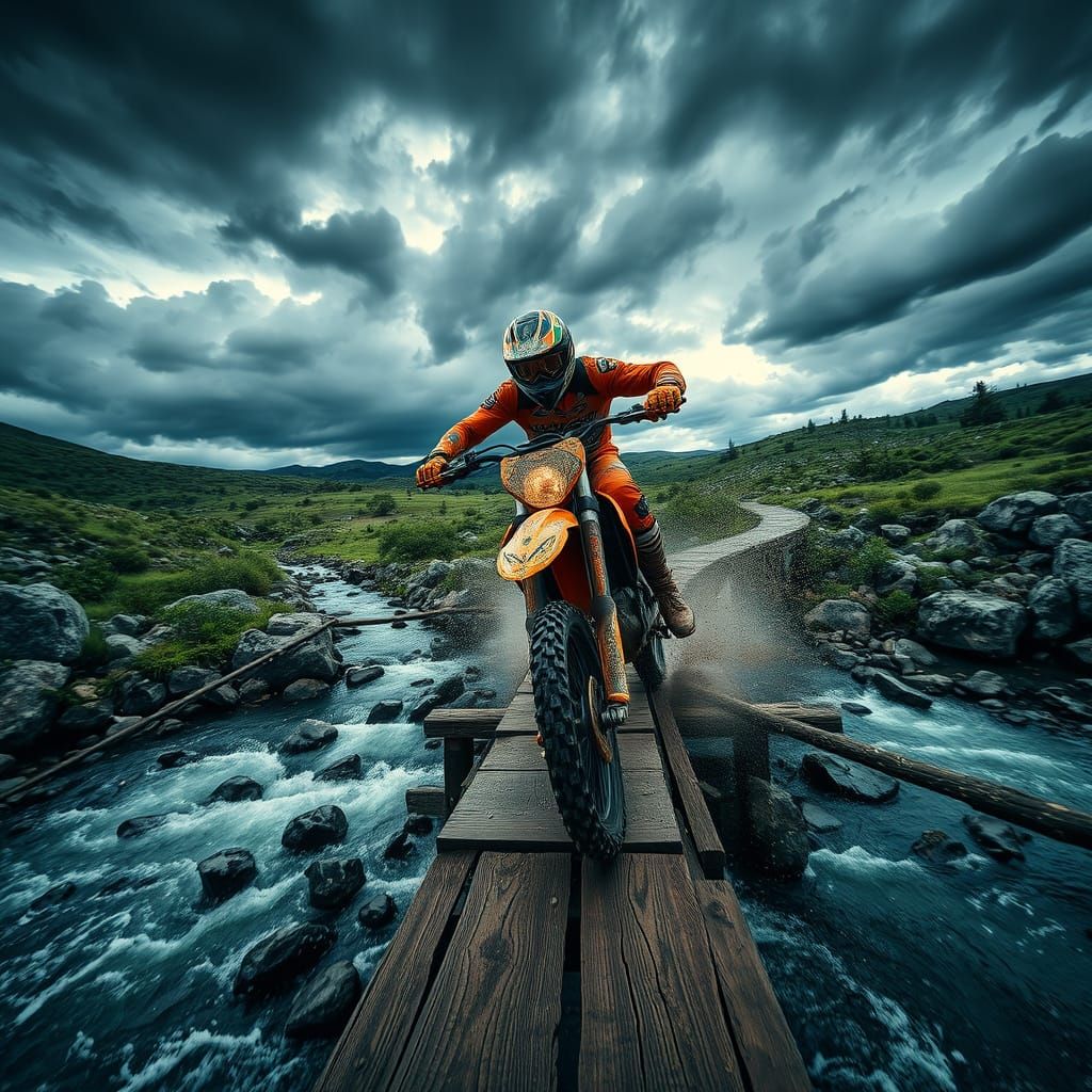 Motocross Rider on High Bridge in Dramatic Lighting