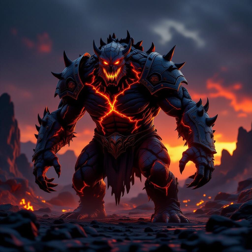 Fearsome Lava Monster with Ancient Shield Realistic 3D Rende...