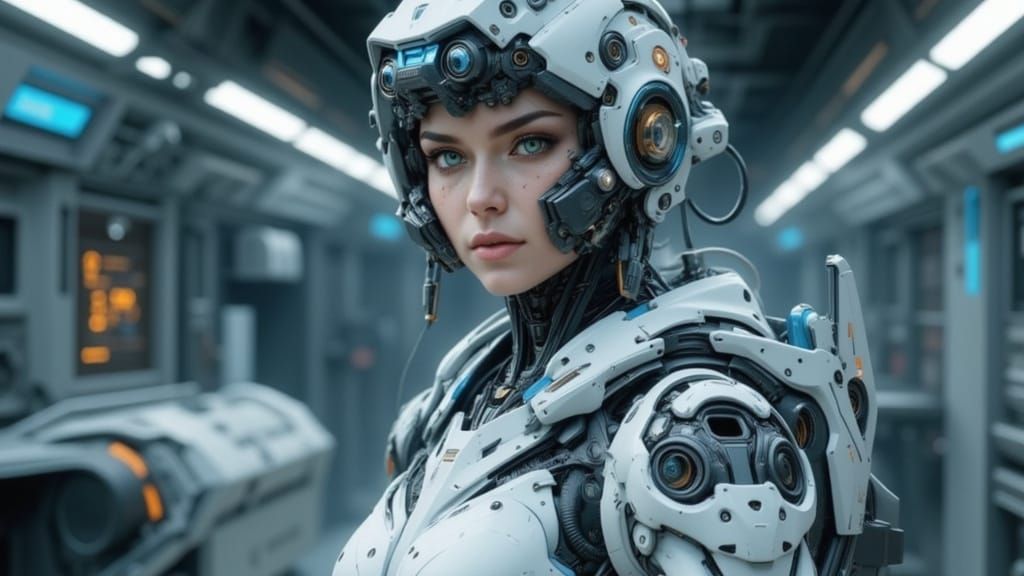 Cyborg Doctor in Mech Suit in Sci-Fi Hospital