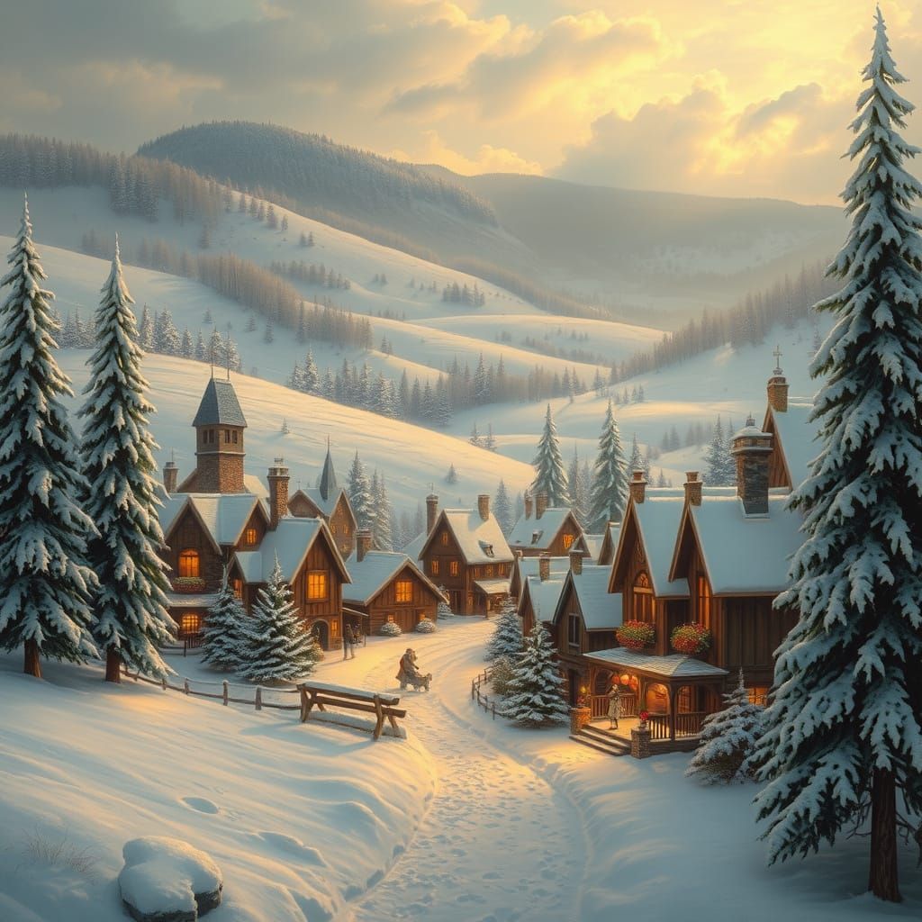 Snowy Village Landscape with Golden Lighting