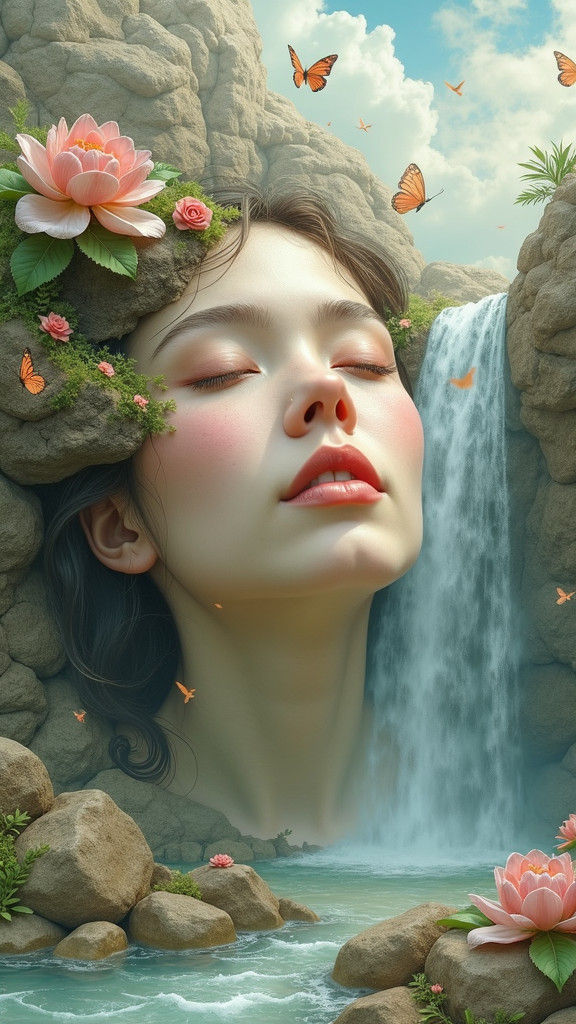 Surreal Face Melds with Nature Landscape