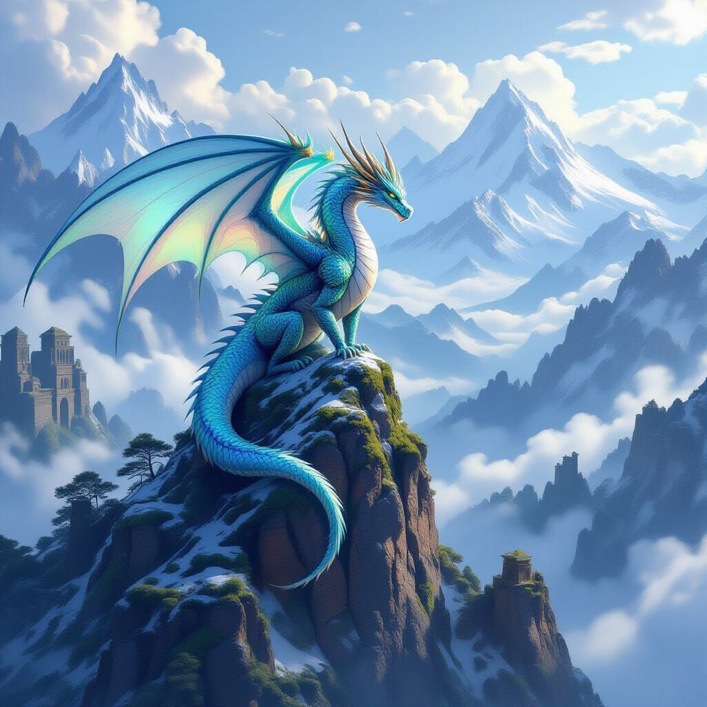Ethereal Dragon on Snowy Peak in Anime Style