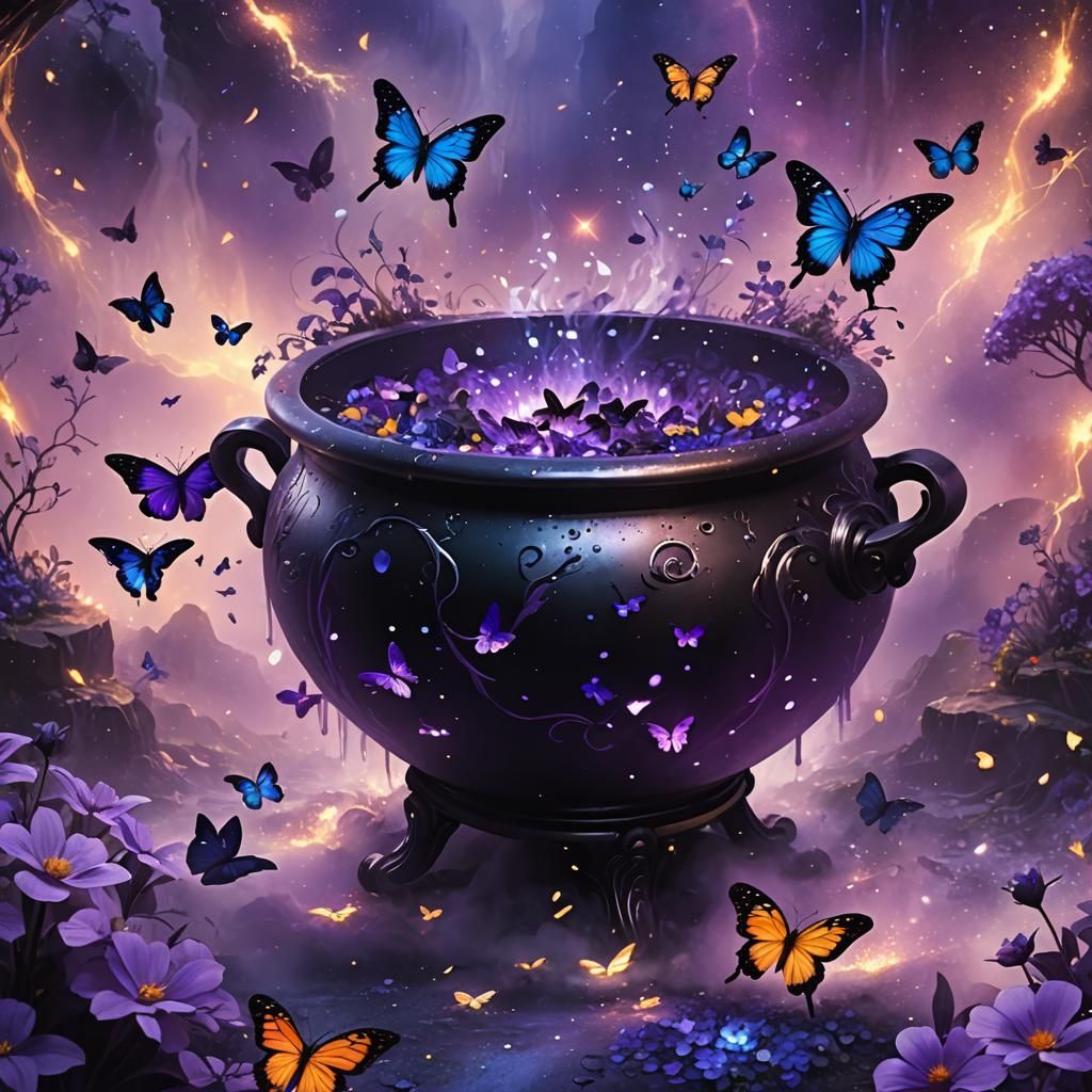 Black Cauldron Overflowing with Purple Flowers