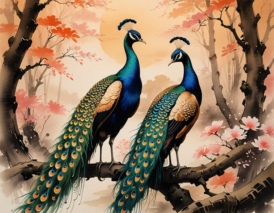 Timeless Japanese Landscape with Elegant Peacock in Soft Foc...