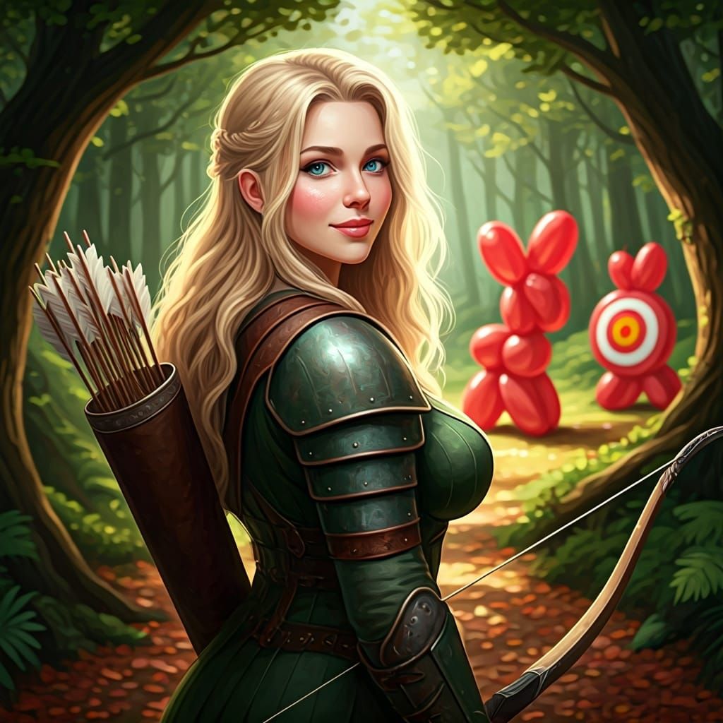 Female Ranger Targets Balloon Animals in Forest Glade