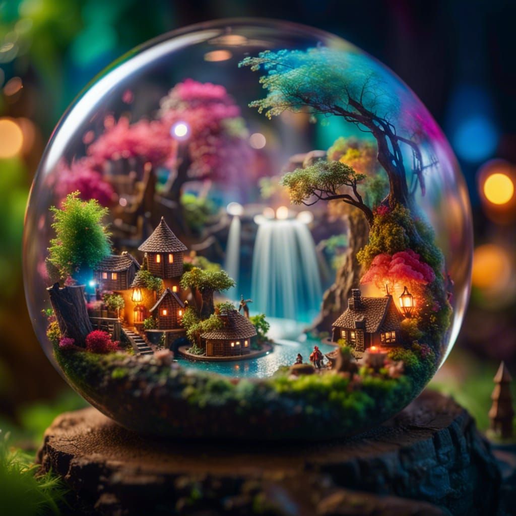 Enchanting Fairy Village in Glass Sphere, Surreal Digital Ar...