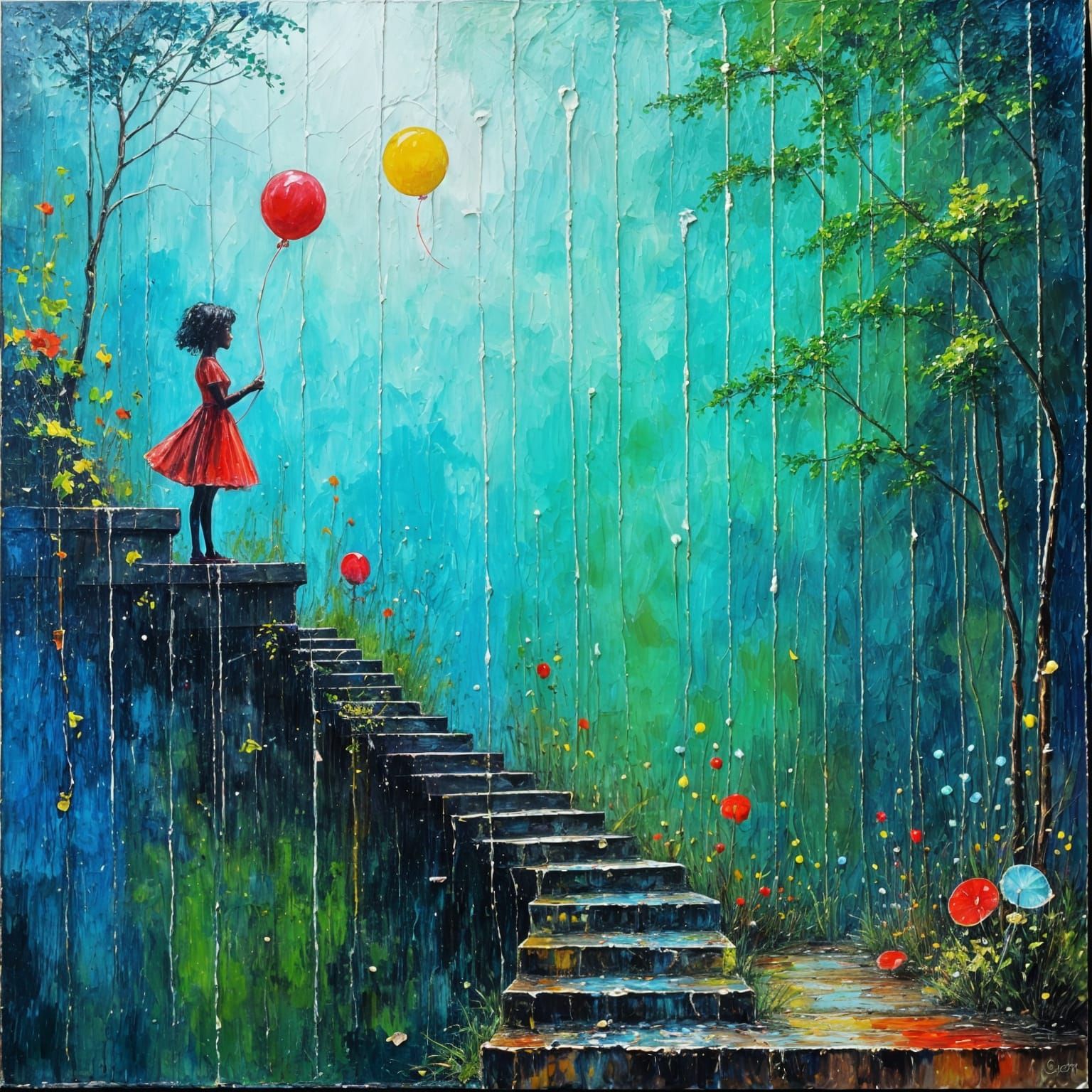 Girl with Red Balloon in Rainy Street Art