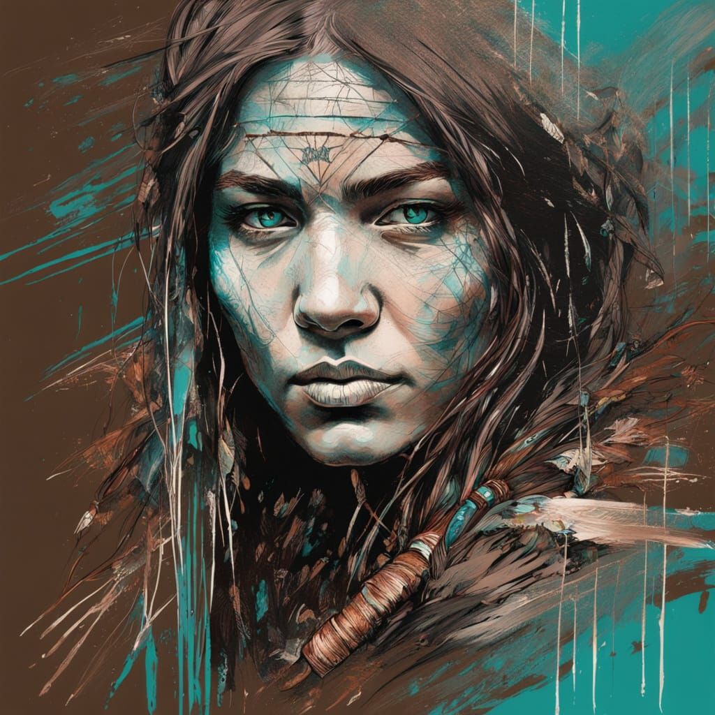 Native American Woman in Scratch Art Style