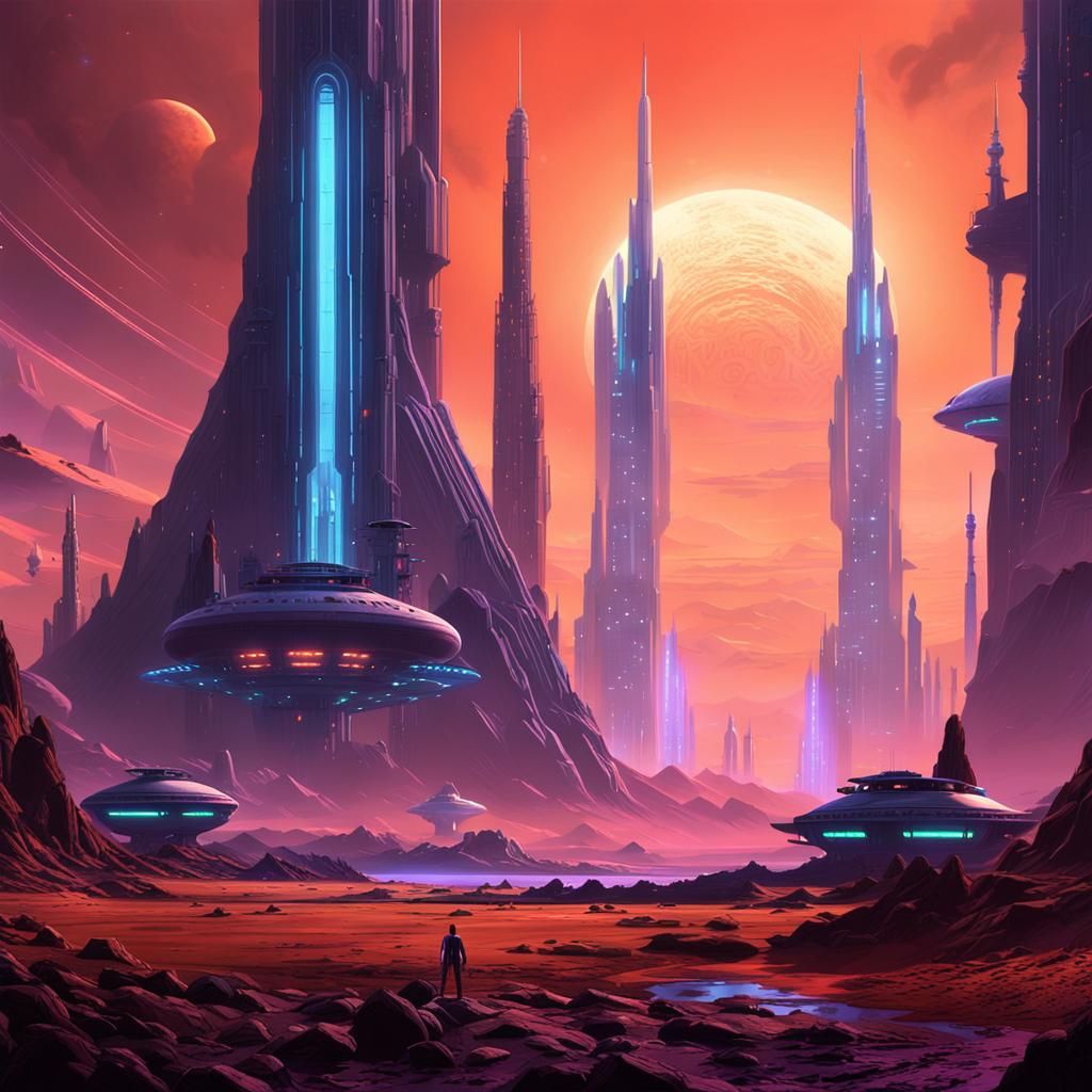 Alien Cityscape on Distant Planet in Retro-Futuristic Style