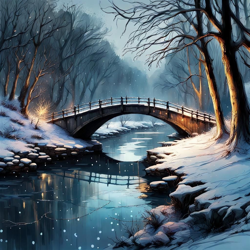 Winter River at Night with Snowy Bridge