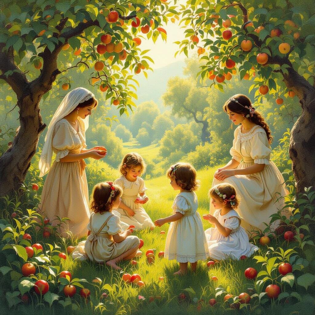 Paradise Orchard Scene in Realism-Inspired Painting Style