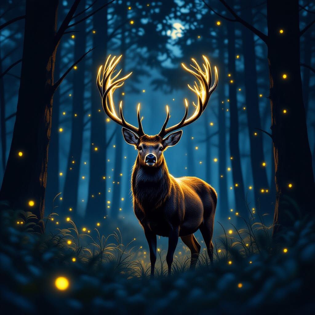 Golden Antlered Deer in Forest at Night